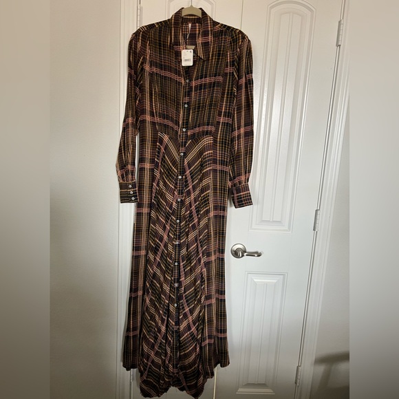 FP Free People Plaid Button Down Front Long Sleeve Maxi Dress Size Small - Picture 2 of 5